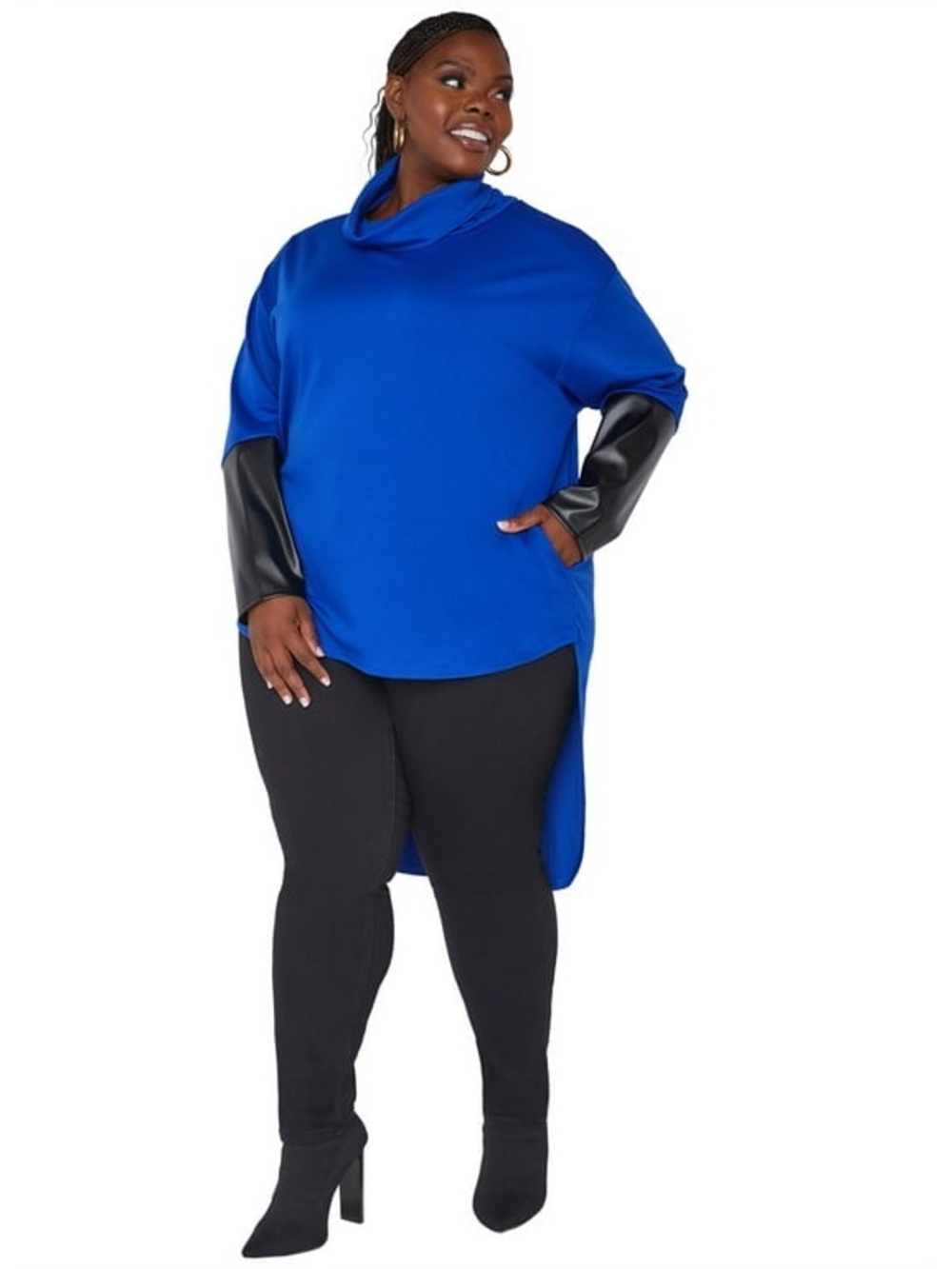 Ashley Stewart Royal Blue Cowl Neck Tunic with Black Faux-Leather Sleeves